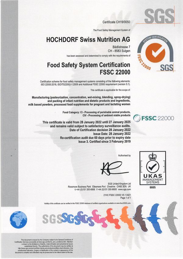 FSSC 22 000 Certificate HOCHDORF Swiss Nutrition Ltd. Sulgen Baedlistrasse valid 29.06.2021