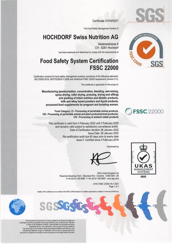 FSSC 22 000 Certificate HOCHDORF Swiss Nutrition Ltd. Hochdorf valid 3.02.2025