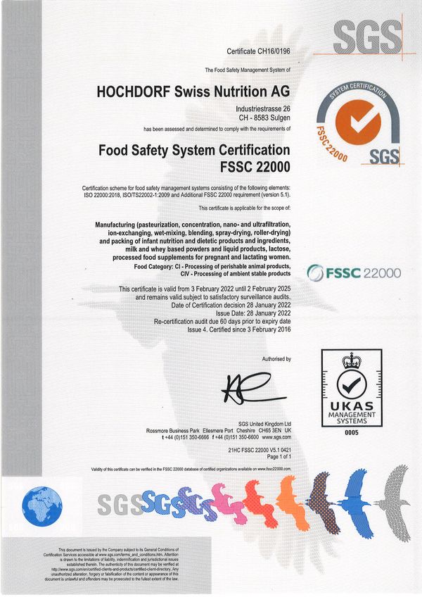 FSSC 22 000 Certificate HOCHDORF Swiss Nutrition Ltd. Sulgen Industriestrasse valid 29.06.2021